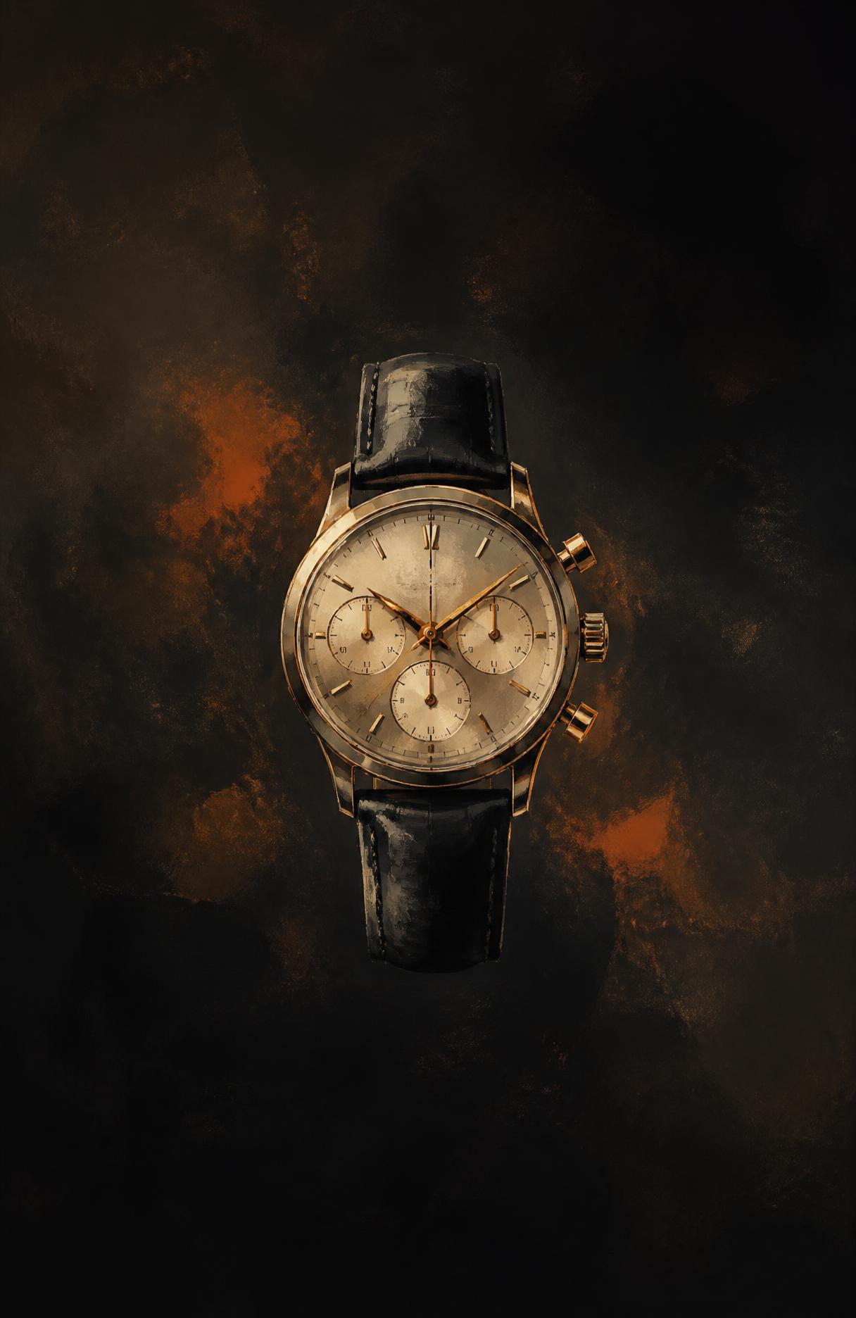 Abstract painterly illustration of a classic chronograph watch on a black leather strap